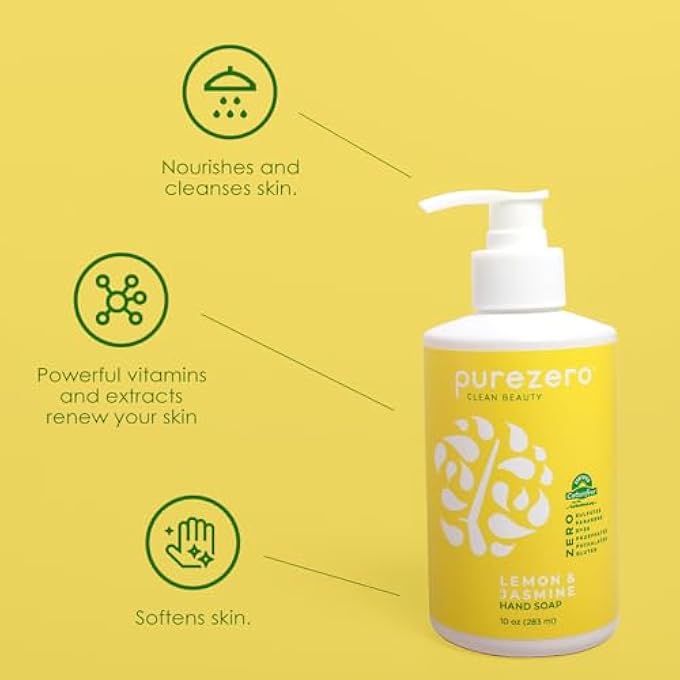 Purezero LEMON & JASMINE HAND SOAP REFRESHING CITRUS SCENT, MOISTURIZING & SULFATE-FREE, VEGAN LIQUID HAND WASH, FORMULATED WITHOUT PARABENS, CRUELTY-FREE, 10 OUNCES (1 PACK) - Image 3